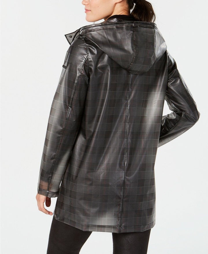 French Connection Sheer Hooded Plaid Slicker Raincoat