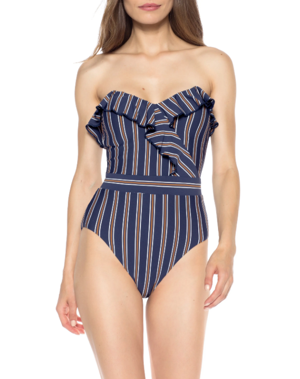 Isabella Rose Broadway Striped & Ruffled 1Pc. Swimsuit $148 Size S # UB4 366 NEW