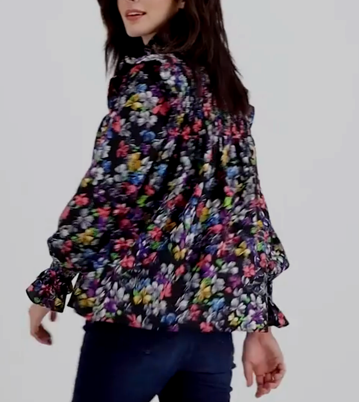 Blusa con estampado floral con volantes de French Connection MSRP $ 79 Talla XS # 5D 2144 NUEVO