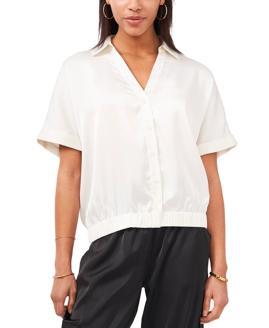 Vince Camuto Solid Button-Down Elastic-Waist Top MSRP $79 Size M # 6A 1691 New