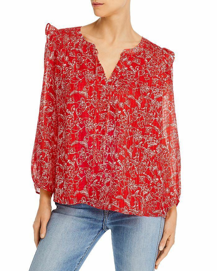 Parker Floral Print Ruffle-Shoulder Silk Top MSRP $318 Size S # 5B 1472 NEW