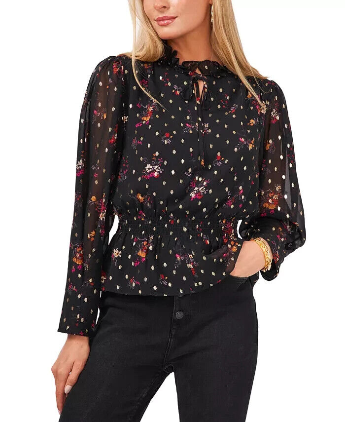 Vince Camuto Floral-Print Smocked-Waist Top MSRP $89 Size XS # 5D 2275 NEW