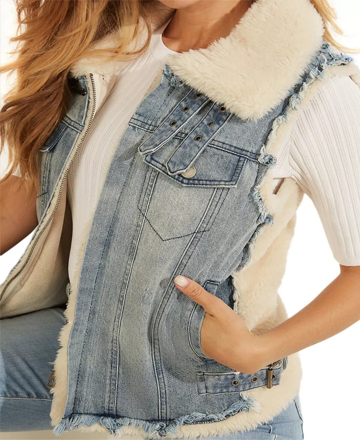 GUESS Manola Denim Front Sherpa Vest MSRP $178 Size S # 4B 505 NEW