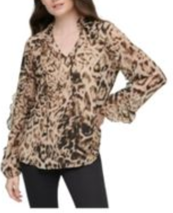 Calvin Klein Animal Print Ruffled Blouse Size S # 5A 1973 NEW