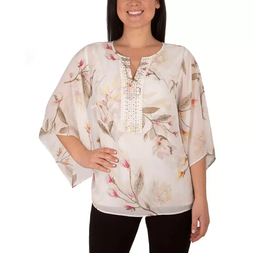 NY Collection Tunic Top with Jeweled Yoke MSRP $44 Size L # 4B 496 NEW