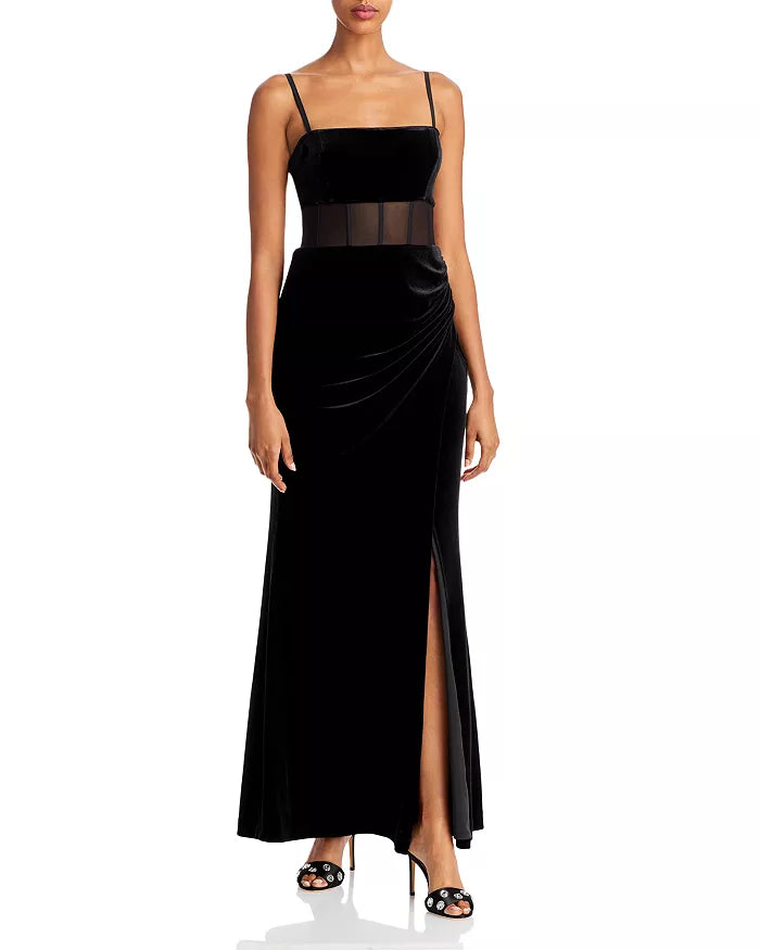 BCBGMAXAZRIA Sheer Waist Velvet Evening Gown