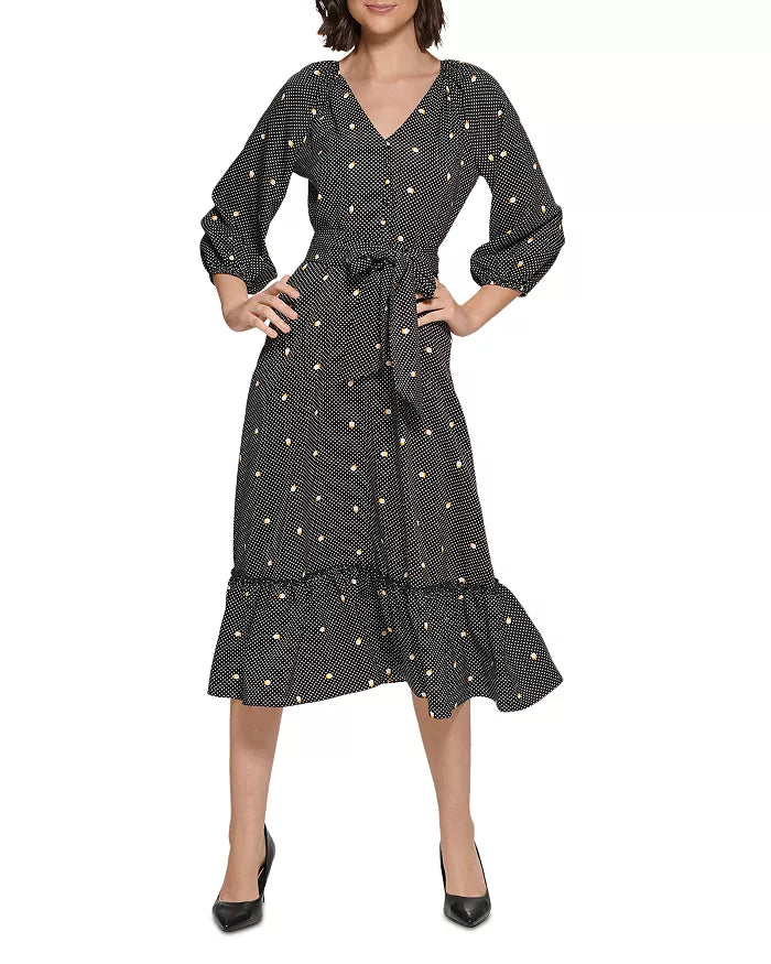KARL LAGERFELD PARIS Dot Print Belted Midi Dress