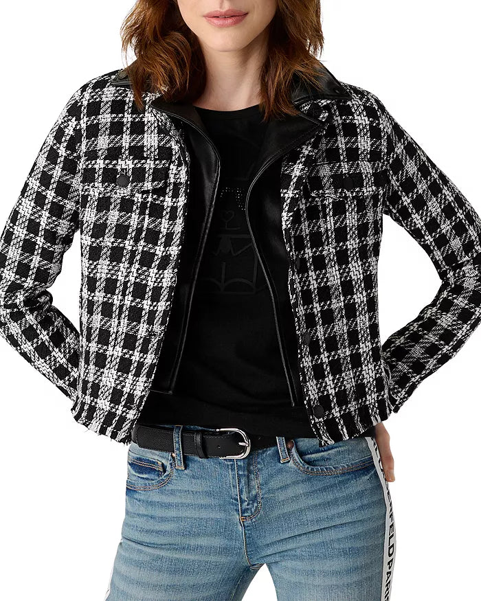 KARL LAGERFELD PARIS Layered Trim Plaid Tweed Jacket
