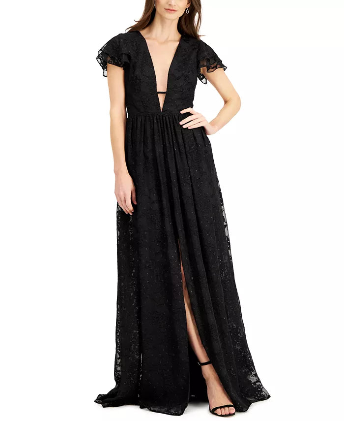 Aidan by Aidan Mattox Plunge-Neck Flutter-Sleeve Gown