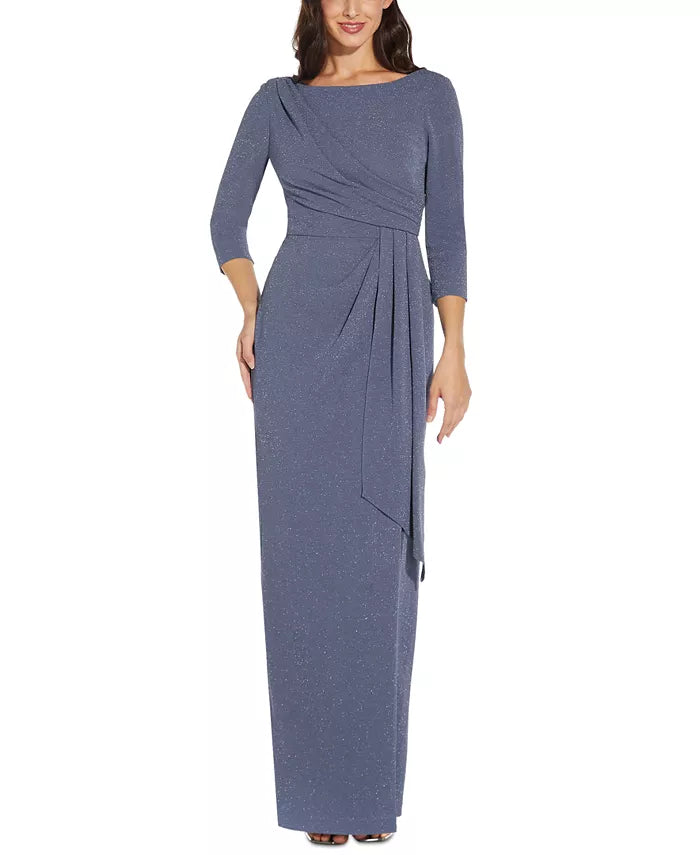 Adrianna Papell Gathered-Waist Metallic-Threaded Gown