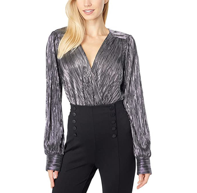 BCBGMAXAZRIA Metallic Knit Crossover Bodysuit