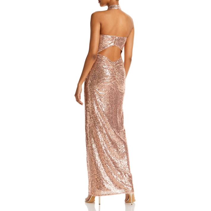 AQUA Sequined Halter Evening Dress