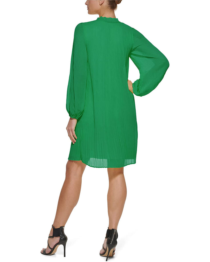 DKNY Long Sleeve Tie Neck Pleated Shift Dress