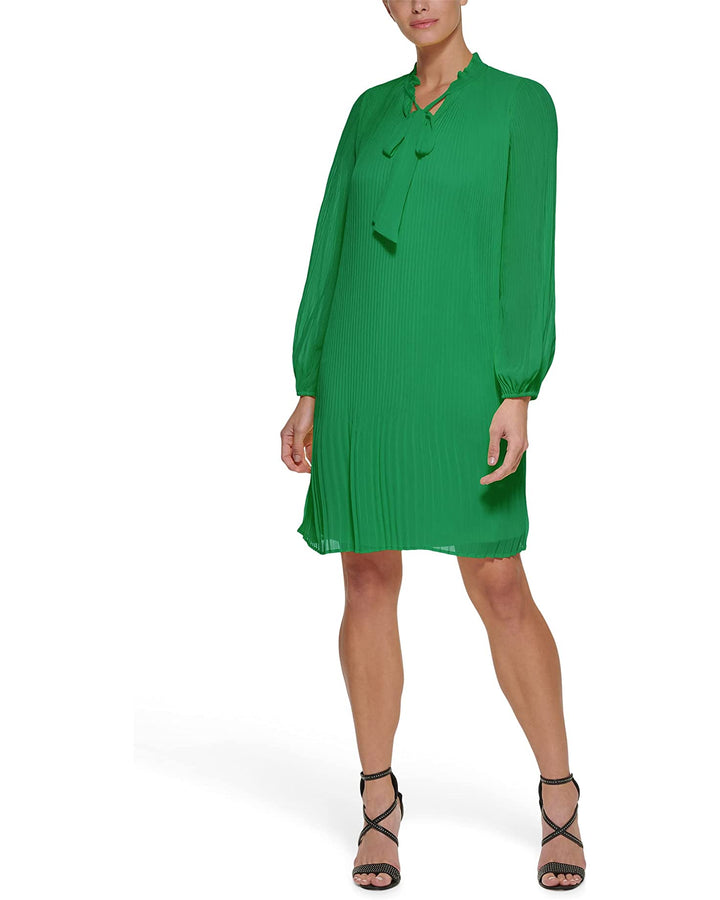 DKNY Long Sleeve Tie Neck Pleated Shift Dress