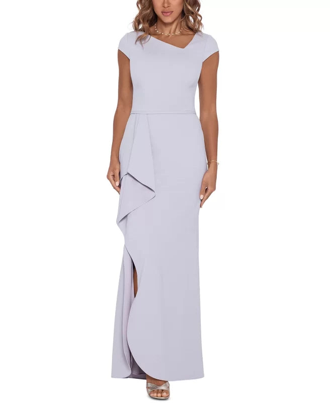 Betsy & Adam Asymmetrical-Neck Ruffled Gown