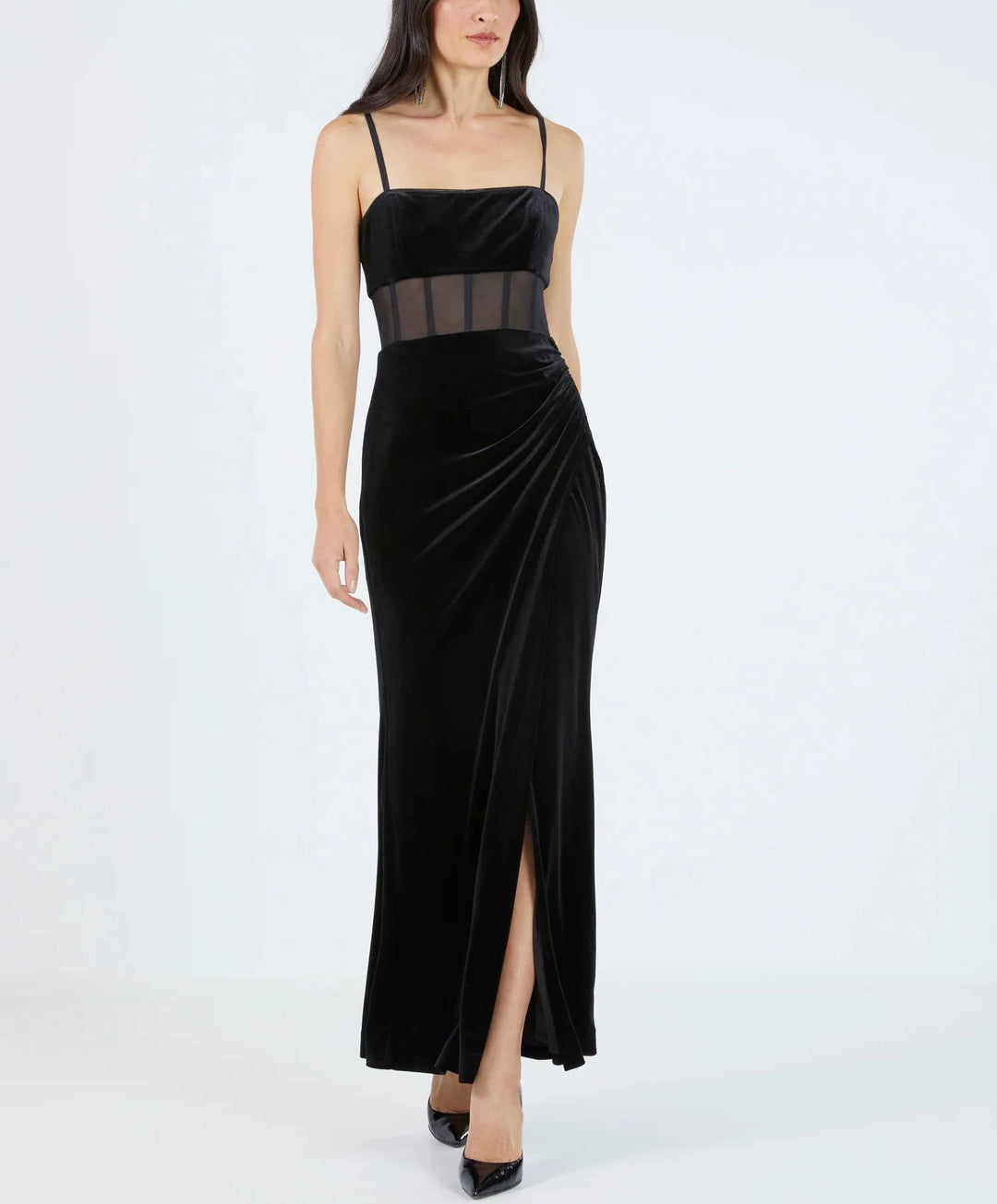 BCBGMAXAZRIA Sheer Waist Velvet Evening Gown