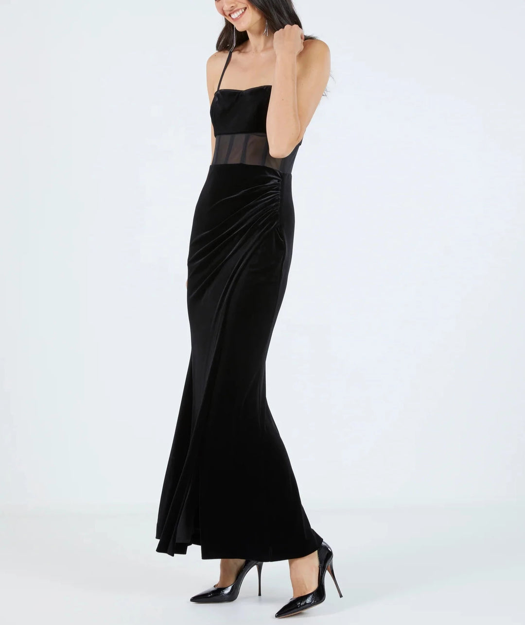 BCBGMAXAZRIA Sheer Waist Velvet Evening Gown