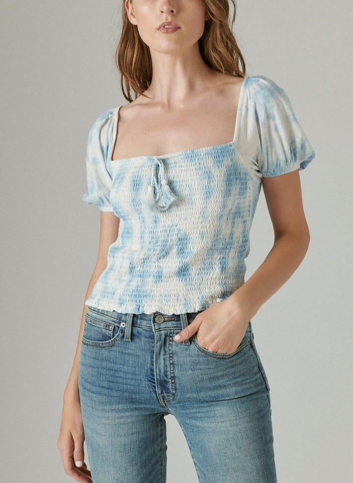 Lucky Brand Cotton Square-Neck Smocked Top