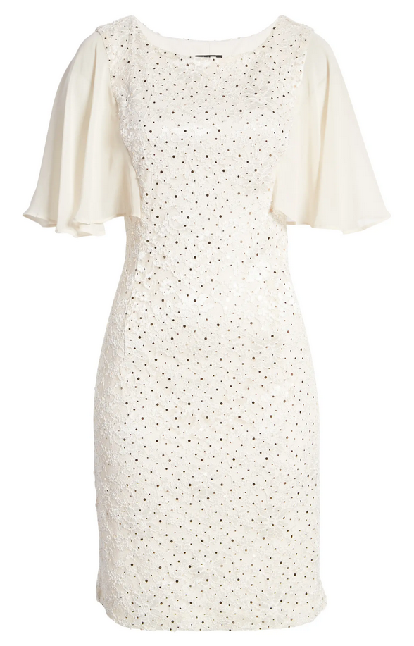 Connected Flutter-Sleeved Lace Sheath Dress