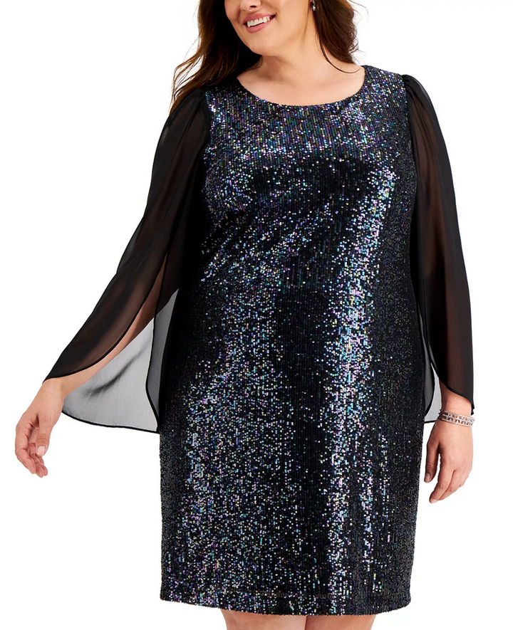 Connected Plus Size Sequined Chiffon-Sleeve Dress