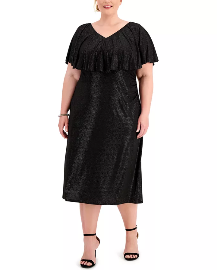 Connected Plus Size Metallic-Dot Capelet Dress