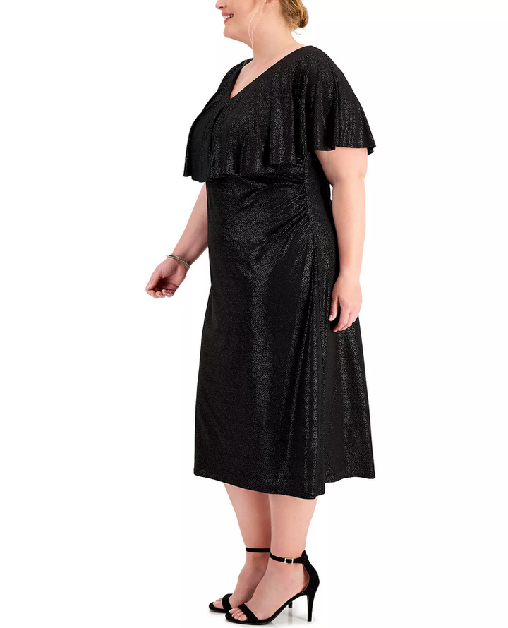 Connected Plus Size Metallic-Dot Capelet Dress
