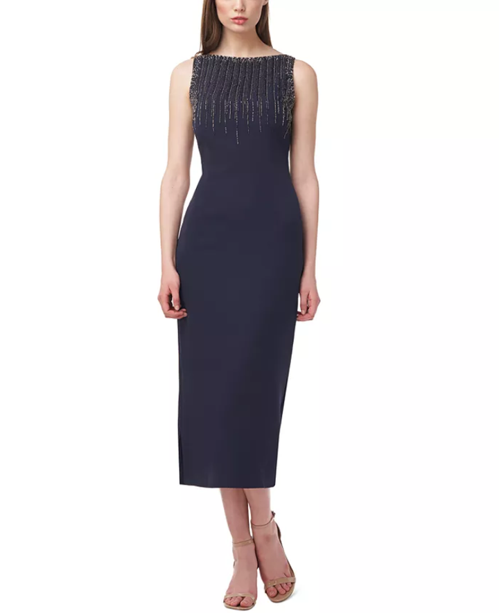 JS Collections Beaded Boat-Neck Midi Dress