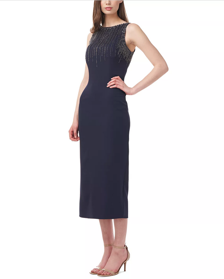 JS Collections Beaded Boat-Neck Midi Dress