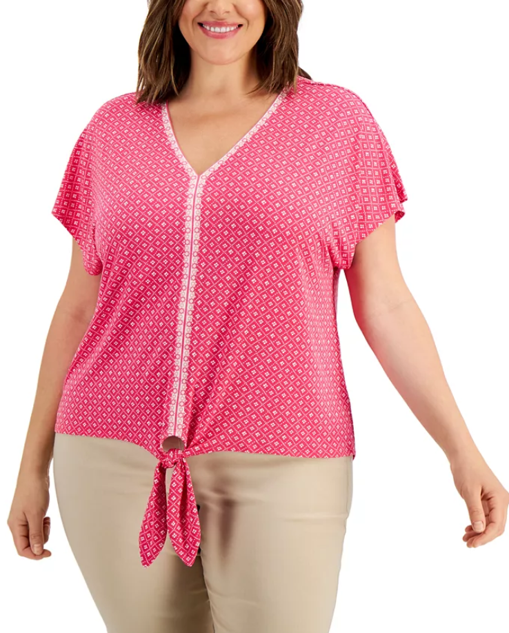 JM Collection Plus Size Printed Tie-Hem Top