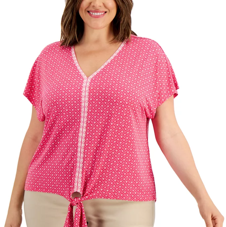 JM Collection Plus Size Printed Tie-Hem Top