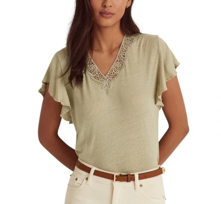 Lauren Ralph Lauren Linen Blend Jersey Flutter Sleeve Top