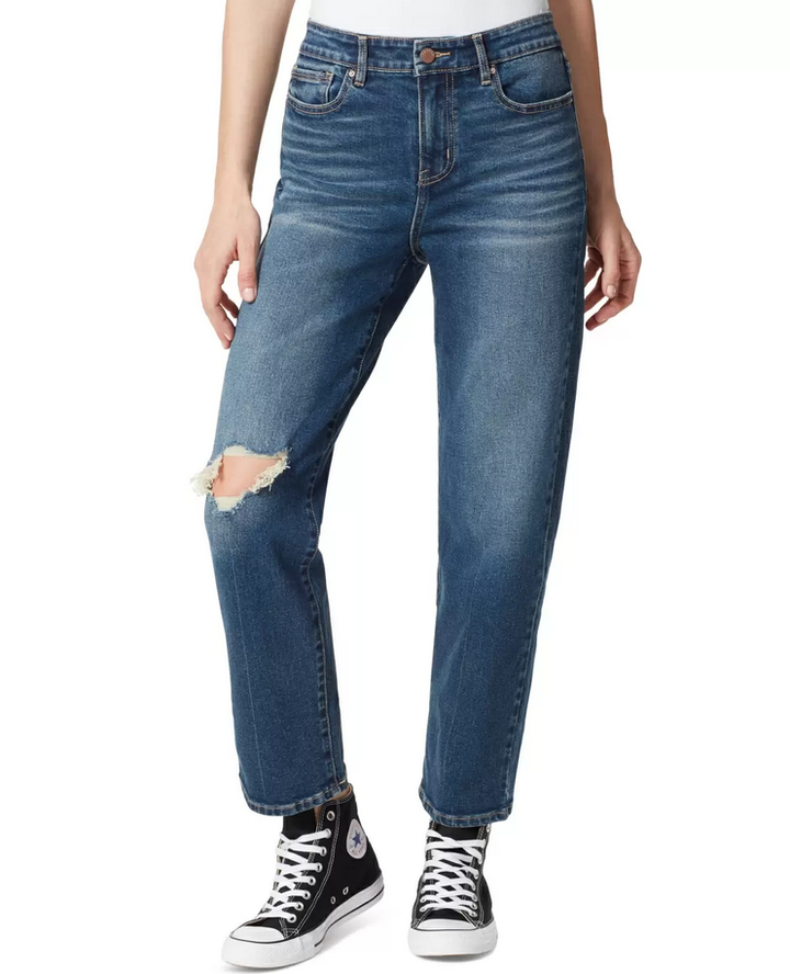 Frayed Denim High-Rise Straight-Leg Frayed-Cuff Cropped Jeans