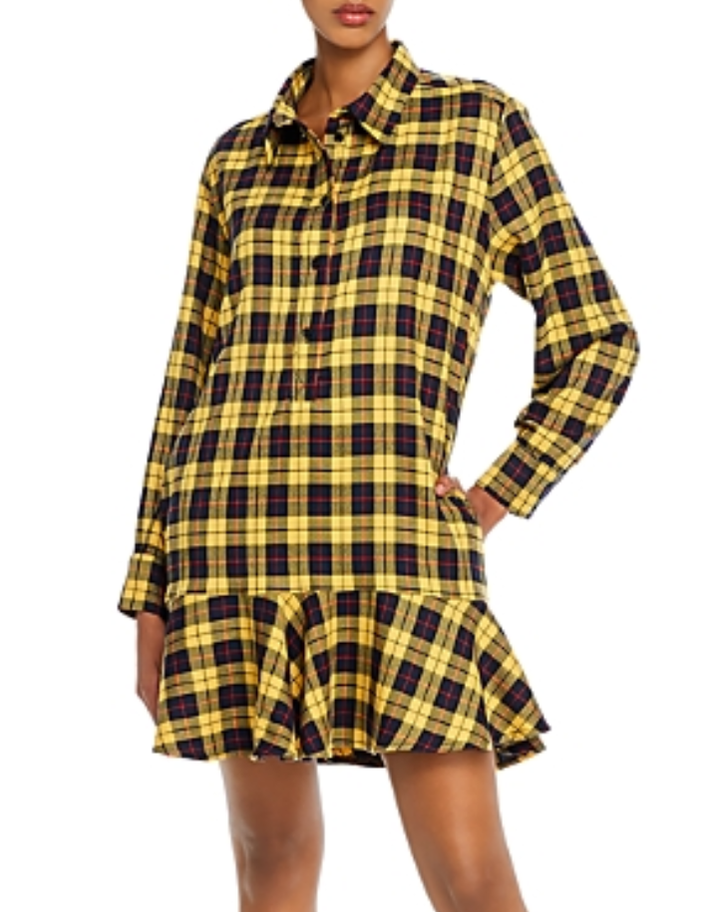 AQUA Ruffled Plaid Shirt Dress