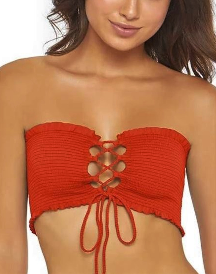 PilyQ Lust Reversible Smocked Lace-up Bandeau Bikini Top