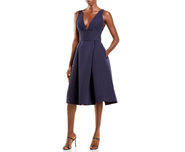 Amsale Faille V-Neck Fit-and-Flare Dress