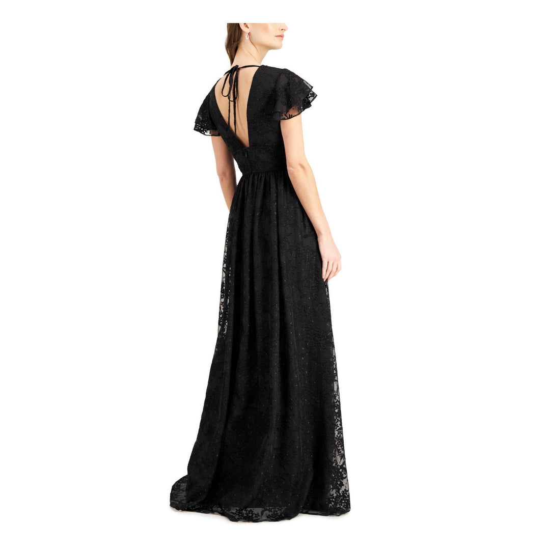 Aidan by Aidan Mattox Plunge-Neck Flutter-Sleeve Gown