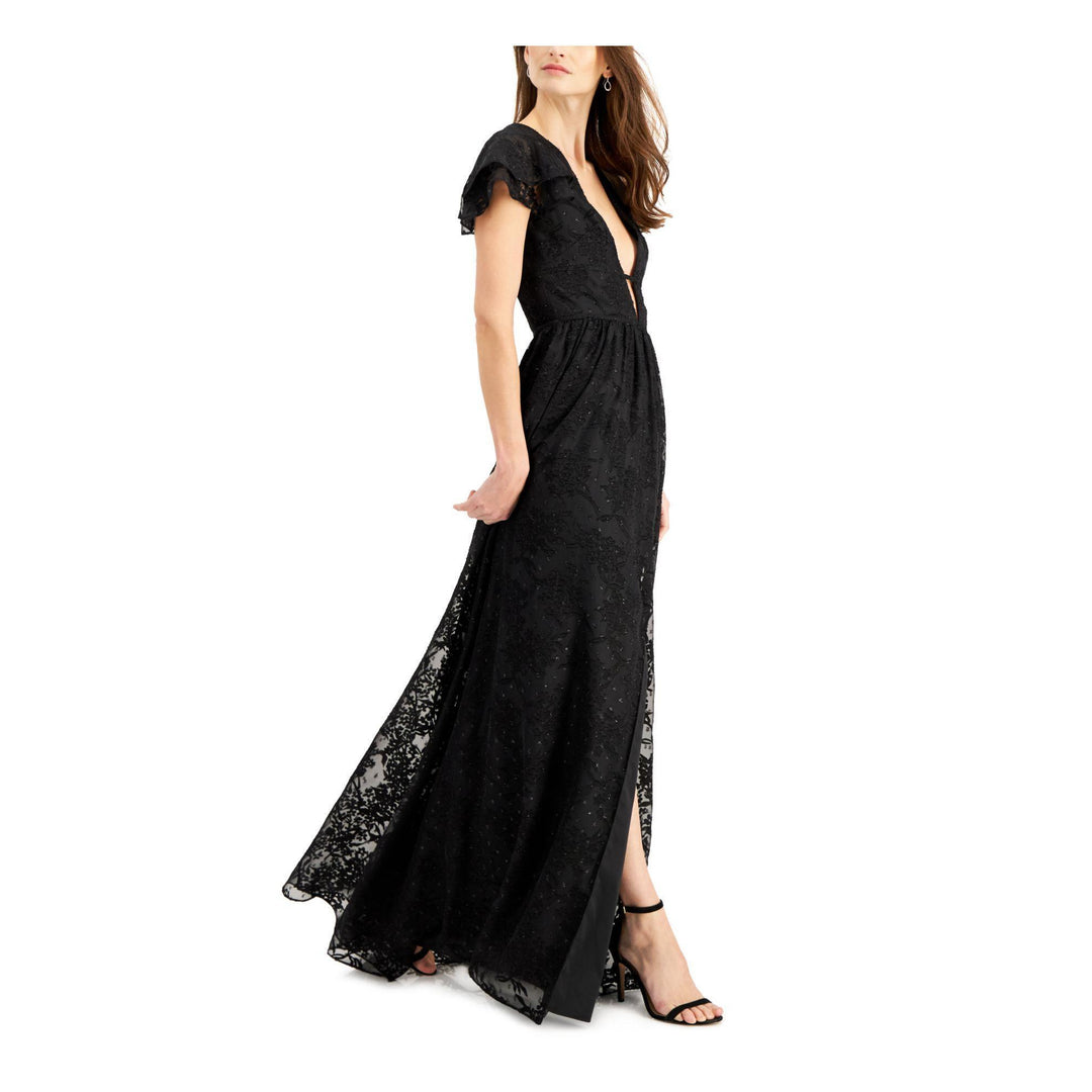 Aidan by Aidan Mattox Plunge-Neck Flutter-Sleeve Gown