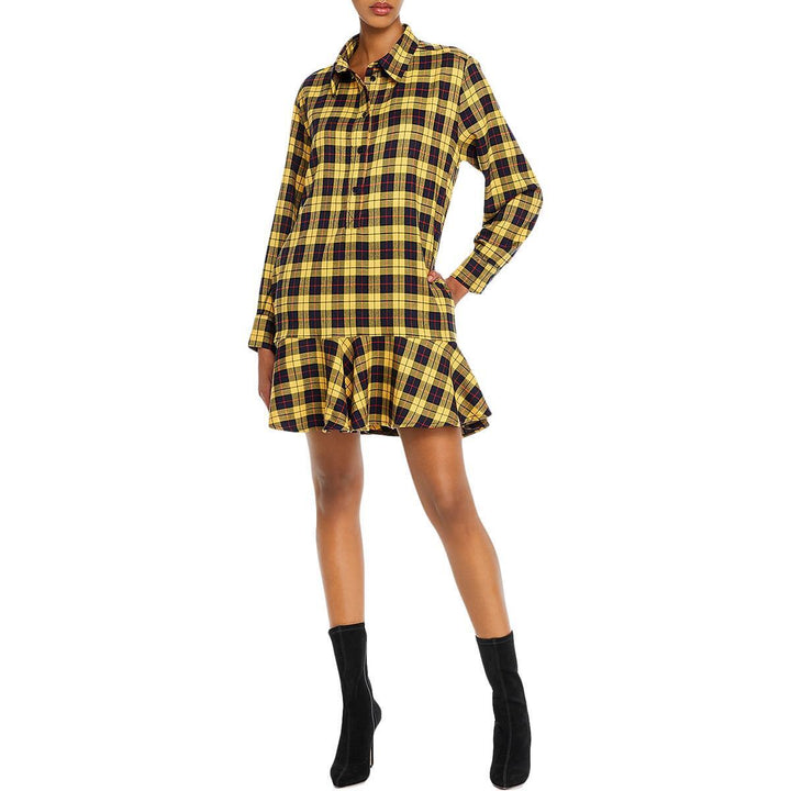 AQUA Ruffled Plaid Shirt Dress